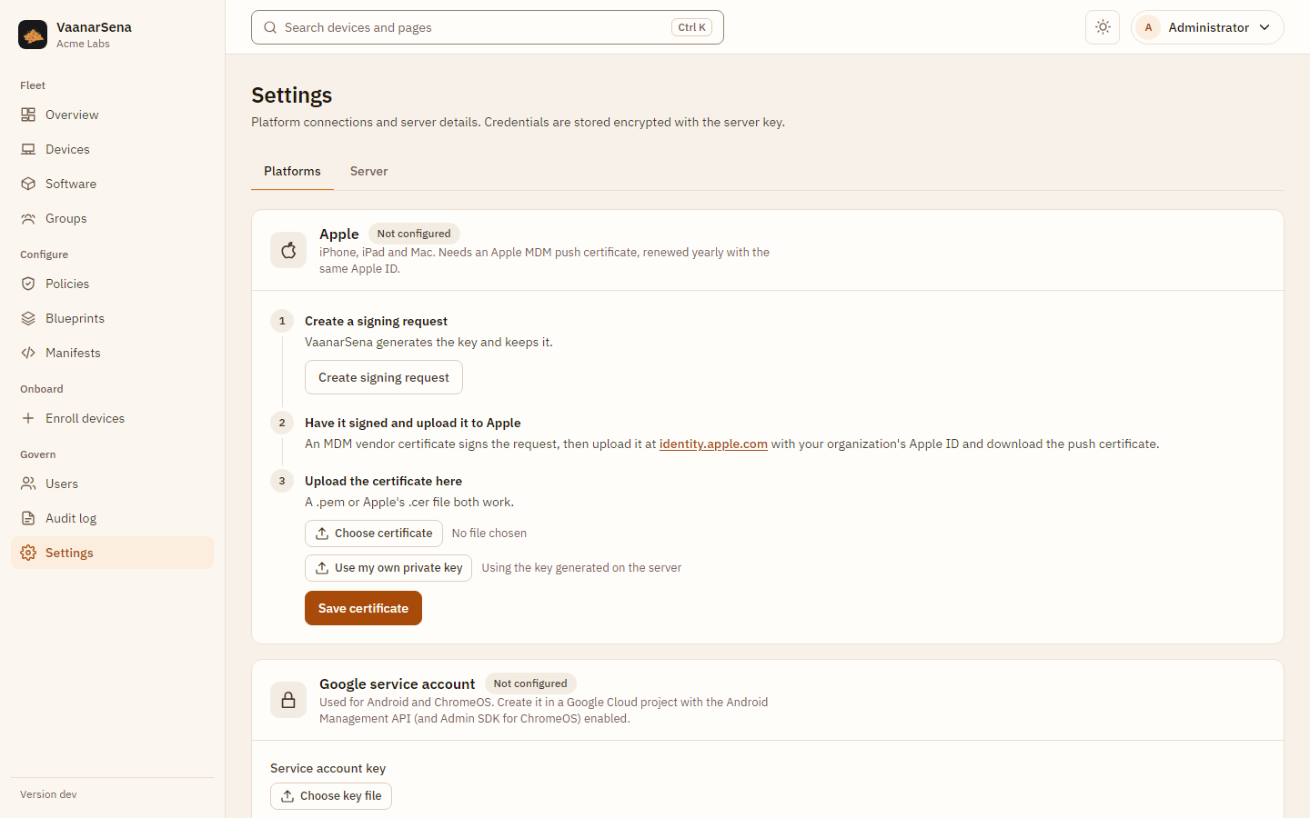 Settings > Platforms